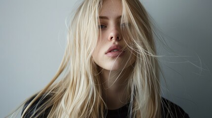 Naklejka premium Close-up of a long-haired blonde's face against a simple neutral background. The concept of improving the appearance of hair, revealing femininity and attractiveness, developing a hairdressing busines