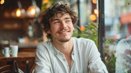 Fototapeta premium Portrait of young happy curly man on blurred background of cafe.