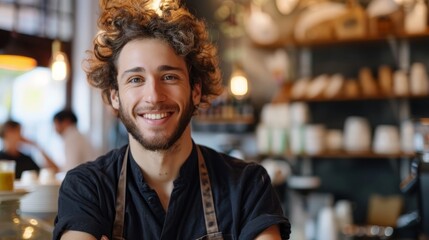Fototapeta premium Portrait of a young happy guy - barista in a cafe 