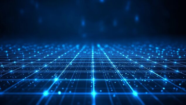 Abstract glowing blue grid pattern with glowing particles.