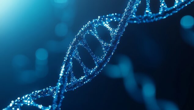 Abstract close-up of a DNA helix made of blue, sparkling particles against a blue bokeh background.