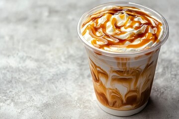 Iced caramel macchiato in a plastic cup, showing the beautiful swirls of coffee, milk, and caramel isolated , AI