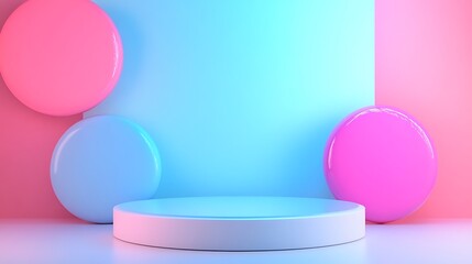 A white cylindrical platform is situated on a surface lit by blue and pink light. There are three large rounded shapes in the background, two pink and one blue.