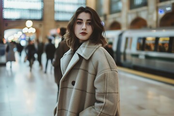 Fototapeta premium Chic woman in a stylish coat, standing in a bustling train station, portrait shot