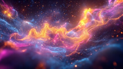 Obraz premium A mesmerizing 3D abstract multicolor visualization with bright shapes and glowing effects, set in a dark environment.