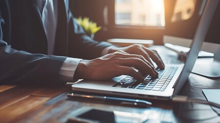 Businessman Typing on Laptop with Dual Monitors, Copy Space, Portrait Shot