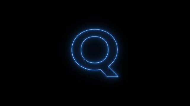 Neon Glowing english alphabet Q text logotype background. Animated on black background. Glowing Q text blinking animation.