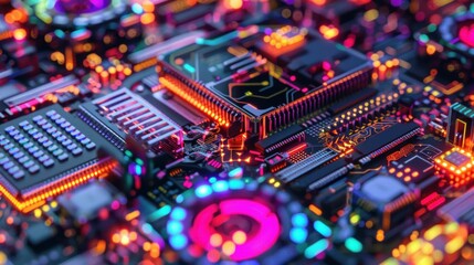 Abstract digital circuit board design with colorful lights and glowing elements, featuring intricate patterns and technology concepts Suitable for tech related themes or backgrounds