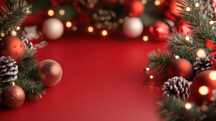 Festive Christmas design featuring holiday banner, ornaments, and pine branches, creating warm and joyful atmosphere perfect for season