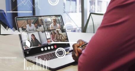 Animation of data processing over african american businessman using laptop for video call - Powered by Adobe