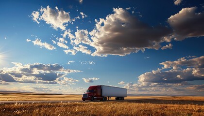 Fototapeta premium A vibrant truck stands alone on an open field under a dramatic sky, showcasing a sense of freedom and adventure on the open road.