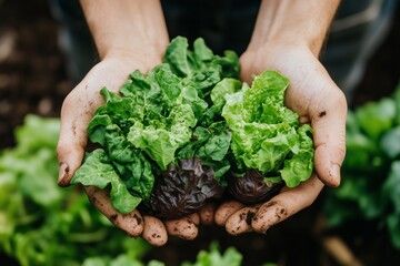 Close-up of hands holding freshly harvested lettuce with dirt, showcasing organic farming and fresh produce from the garden.