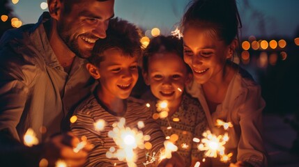 Happy family celebrating holidays and Christmas by burning fireworks in the dark AI generated images