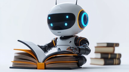 3D chat bot. Robot sits and reads books, learns. Robotic machine with artificial intelligence on white background