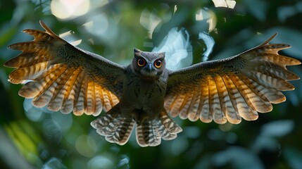 Colugo gliding between trees, nocturnal rainforest scene: A colugo glides silently between trees in the nocturnal rainforest, its wide, membranous wings allowing it to travel effortlessly through 