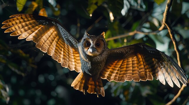 Colugo gliding between trees, nocturnal rainforest scene: A colugo glides silently between trees in the nocturnal rainforest, its wide, membranous wings allowing it to travel effortlessly through 