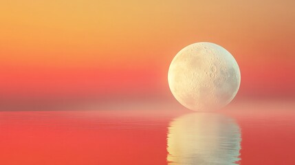 A tranquil scene of a large moon reflecting on calm water under a gradient sky of warm hues at sunset.