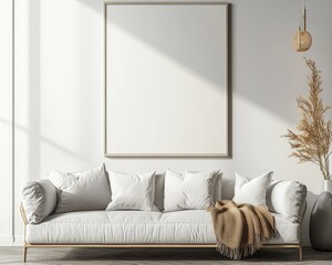 Modern Scandinavian Living Room Interior with Blank Poster Mockup in 3D Render