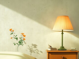 A cozy bedroom scene featuring a bedside lamp and a floral wall decoration, creating a warm and inviting atmosphere.