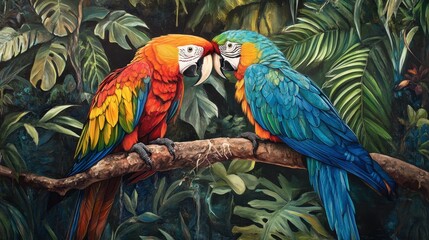 A pair of colorful parrots sitting on a tree branch, engaging with each other, surrounded by tropical foliage.