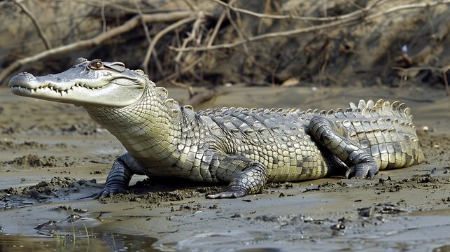 Gharial crocodile basking on riverbank, needle-like snout prominent: A gharial crocodile basks on a riverbank, its long, needle-like snout and rows of sharp teeth clearly visible as it soaks 