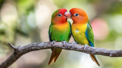 Obraz premium A pair of lovebirds sitting close together on a branch, showcasing their vibrant plumage and affectionate behavior.