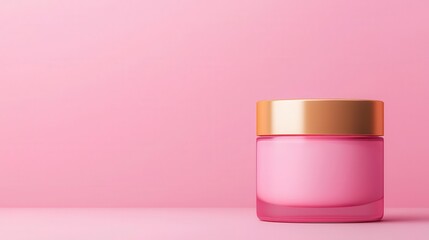 Close-up of skincare cream jar with shimmering glow, light reflecting off smooth glass surface, minimalist, soft pink and gold tones, futuristic concept