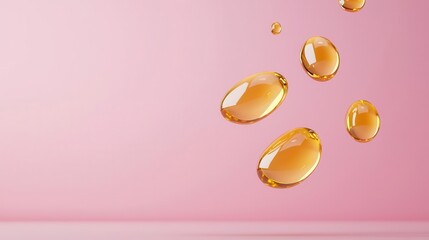 Shimmering facial oil drops floating mid-air, pastel and gold hues, futuristic glow, minimalism, sleek skincare design, high-tech aesthetic