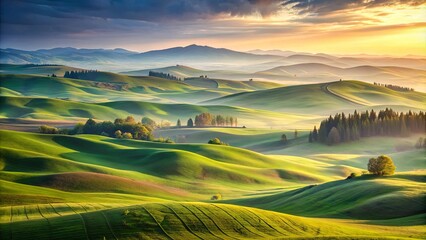Obraz premium Tranquil scene of rolling hills bathed in soft dawn light