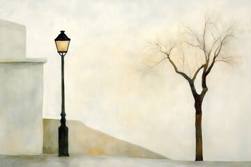 A serene and minimalist scene featuring a lamp post beside a bare tree against a soft, muted background.