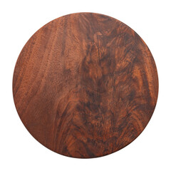 Round walnut wooden pallet. Round black walnut wooden chopping board. wooden plate isolated on white