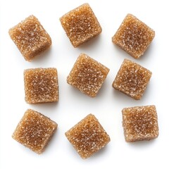 Variety of Dark Sugar Cubes on Clean White Background. Macro Close-up of Brown Sugar Cube Collection