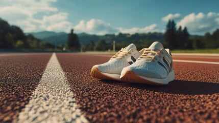 Fototapeta premium A pair of unbranded sports shoes on a track, with lanes visible, ready for a sprint or jog under sunny skies.