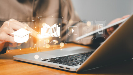 E-library concept. Person use laptop with virtual E-book icons for electronic books online, knowledge base on internet, digital library or e-library. Internet e-learning lessons and online