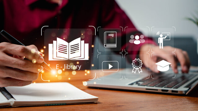 E-library concept. Person use laptop with virtual E-book icons for electronic books online, knowledge base on internet, digital library or e-library. Internet e-learning lessons and online