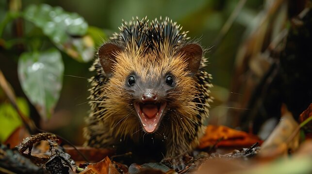Lowland streaked tenrec, spiky hedgehog-like mammal, Madagascar forest: A lowland streaked tenrec scurries through the Madagascar forest, its spiky, hedgehog-like appearance both defensive and 