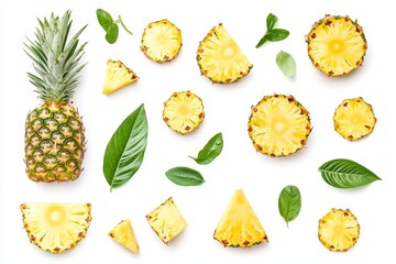 Fresh pineapple with slices and leaves on white background.