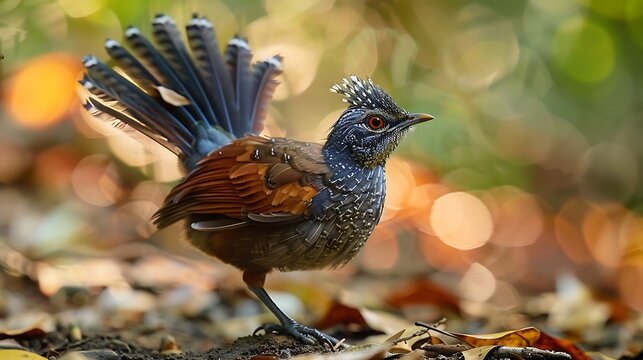 Lyrebird mimicking various sounds, tail feathers displayed: A lyrebird displays its magnificent tail feathers while mimicking a range of sounds in the Australian bush, its vocal abilities as 