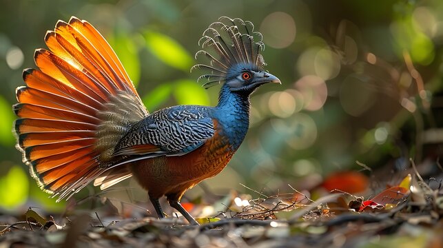 Lyrebird mimicking various sounds, tail feathers displayed: A lyrebird displays its magnificent tail feathers while mimicking a range of sounds in the Australian bush, its vocal abilities as 
