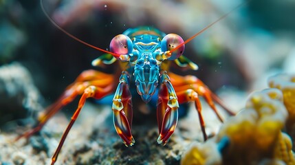 Mantis shrimp teaching color theory class, underwater classroom: A mantis shrimp teaches a class on color theory in an underwater classroom, using its extraordinary vision to explain the complexities 