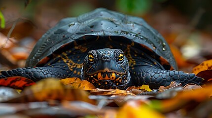 Obraz premium Mata mata turtle ambushing fish, camouflaged in leaf litter: A mata mata turtle lies camouflaged among the leaf litter, its unique, flat head blending seamlessly as it prepares to ambush an 