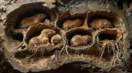 Naked mole rat colony in underground tunnels, cross-section view: A cross-section of an underground tunnel reveals the intricate network of a naked mole rat colony, showcasing their unique social 