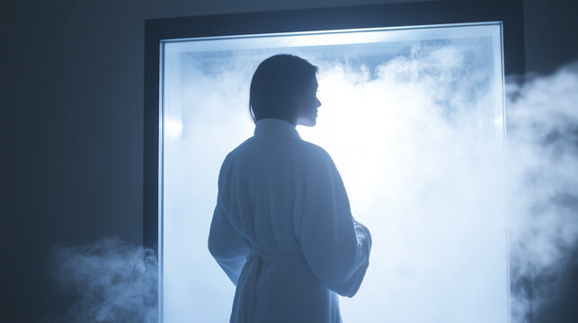 Woman entering a cryotherapy chamber surrounded by mist, experiencing a refreshing and rejuvenating cold therapy session for health and wellness