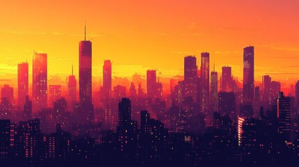 Fototapeta premium A panoramic view of a modern cityscape at sunset, with skyscrapers silhouetted against a vibrant orange sky.