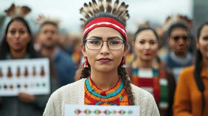 Fototapeta premium A diverse group of people holding signs promoting Indigenous Peoples' Day and honoring Native heritage, Indigenous Peoples' Day, Native heritage, signs
