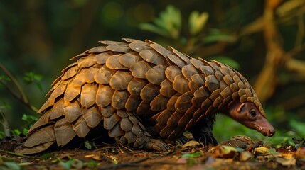 Fototapeta premium Pangolin rolling into defensive ball, scales prominent, forest floor: A pangolin rolls into a tight defensive ball on the forest floor, its hard, overlapping scales providing protection against 