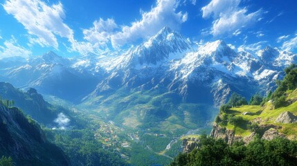 A panoramic view of a mountain range with snow-capped peaks and a lush valley below, under a bright blue sky.