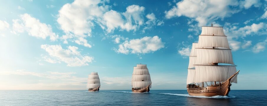 A historical re-enactment of Christopher Columbus s voyage, with ships sailing under the sky, historical re-enactment, Columbus voyage, ships