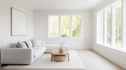 Fototapeta premium A modern living room with sleek furniture, large windows with natural light, minimalist décor, and neutral tones, clean and inviting space.