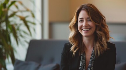 Businesswoman Greeting Client with Handshake in Office, Smiling, Portrait Shot, Copy Space